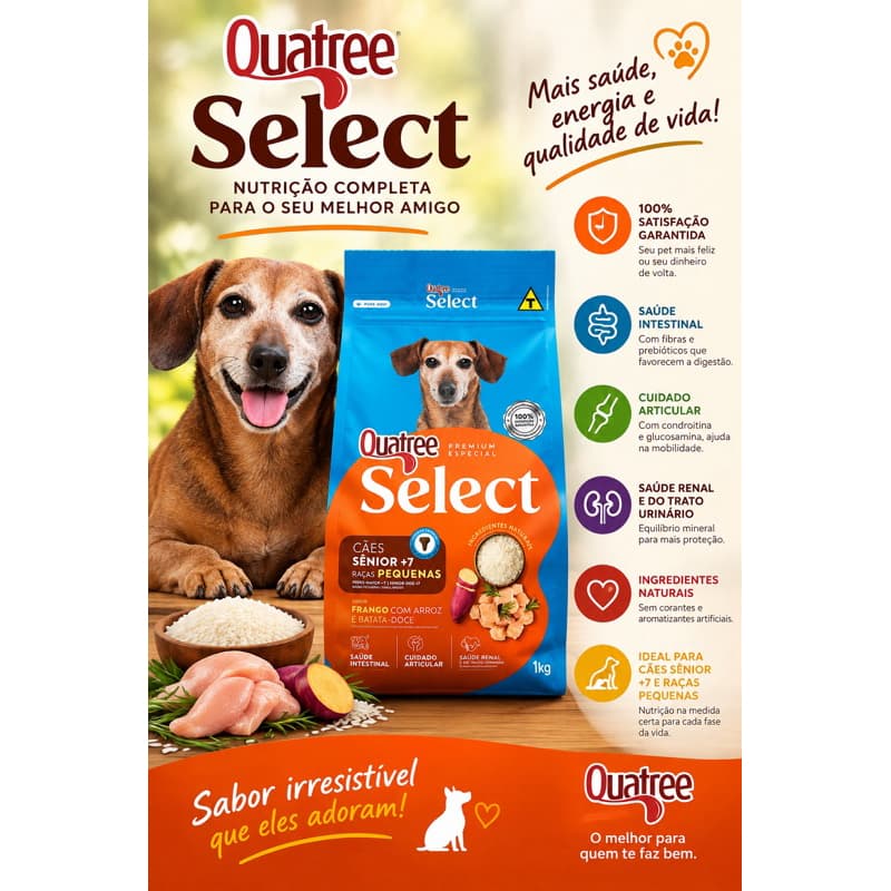 Ração Para Cachorro 1KG Alimento Quatree Select Sênior - Frango Arroz Batata