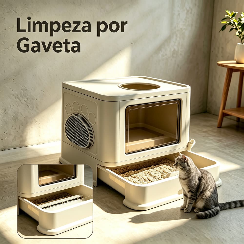 Caixa de Areia Sanitária Fechada para Gatos com Filtro Anti-Odor, Pá e Gaveta, Banheiro Higiênico Luxo 52cm