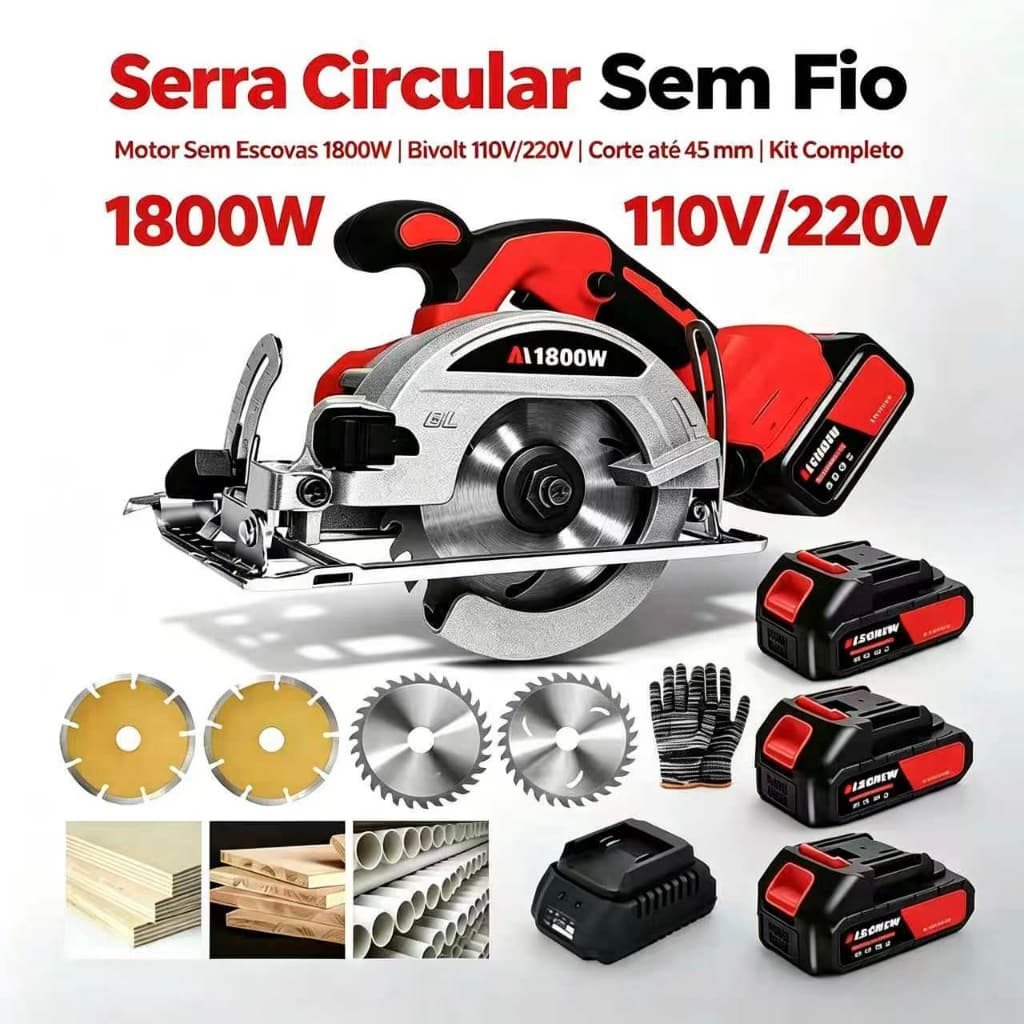 Serra Circular ALSONEW 1800W Bivolt 110/220V, Motor Sem Escovas, Corte Madeira Mármore PVC, Kit Completo