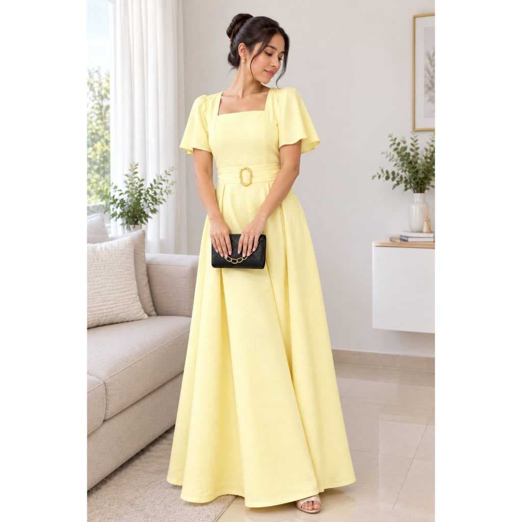 Vestido Longo Feminino Elegante Social com Cinto Manga Curta Cintura Alta Festa