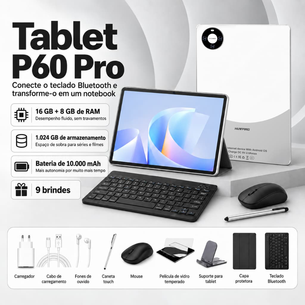 Tablet com Teclado Android 11.6'' 24GB RAM 16+8GB 1TB 1024GB 10 Core WiFi Dual Band 10000mAh