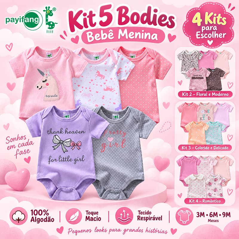 Kit Body Bebê Menina Manga Curta 5 Peças 100% Algodão Roupa de Bebê Menina 3M 6M 9M