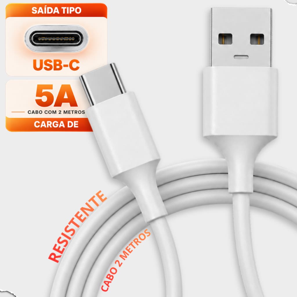 Cabo Tipo C 2 Metros 5A Carregamento Rápida USB-C Reforçado Resistente Android