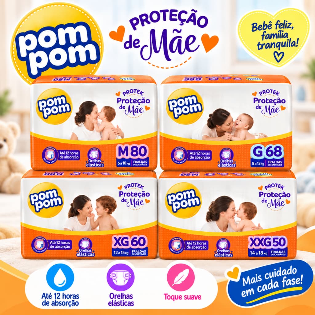 Fralda Pom Pom Derma Protek Hiper – Até 12h de Proteção (Escolha seu Tamanho)
