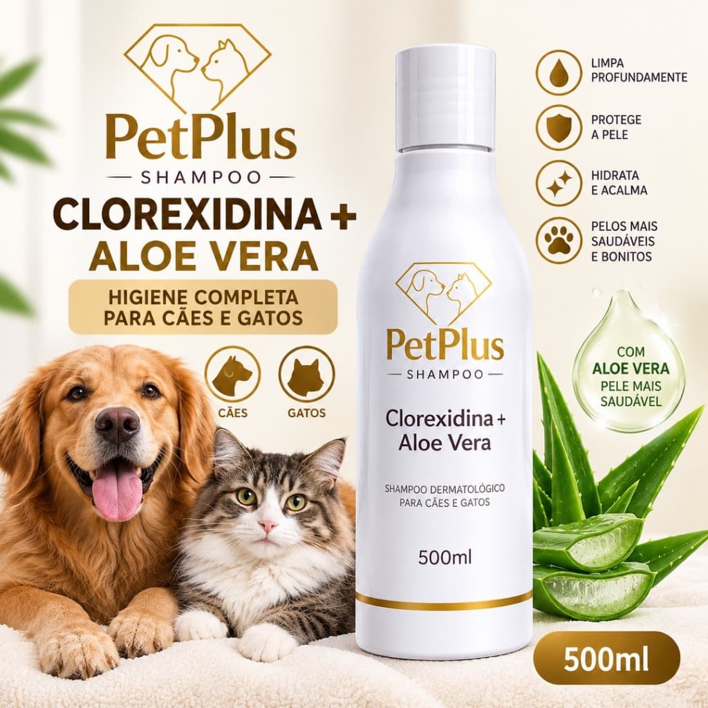 Shampoo Clorexidina + Aloe Vera 500ml para Cães e Gatos Dermatite PetPlus Higiene e Cuidado da Pele