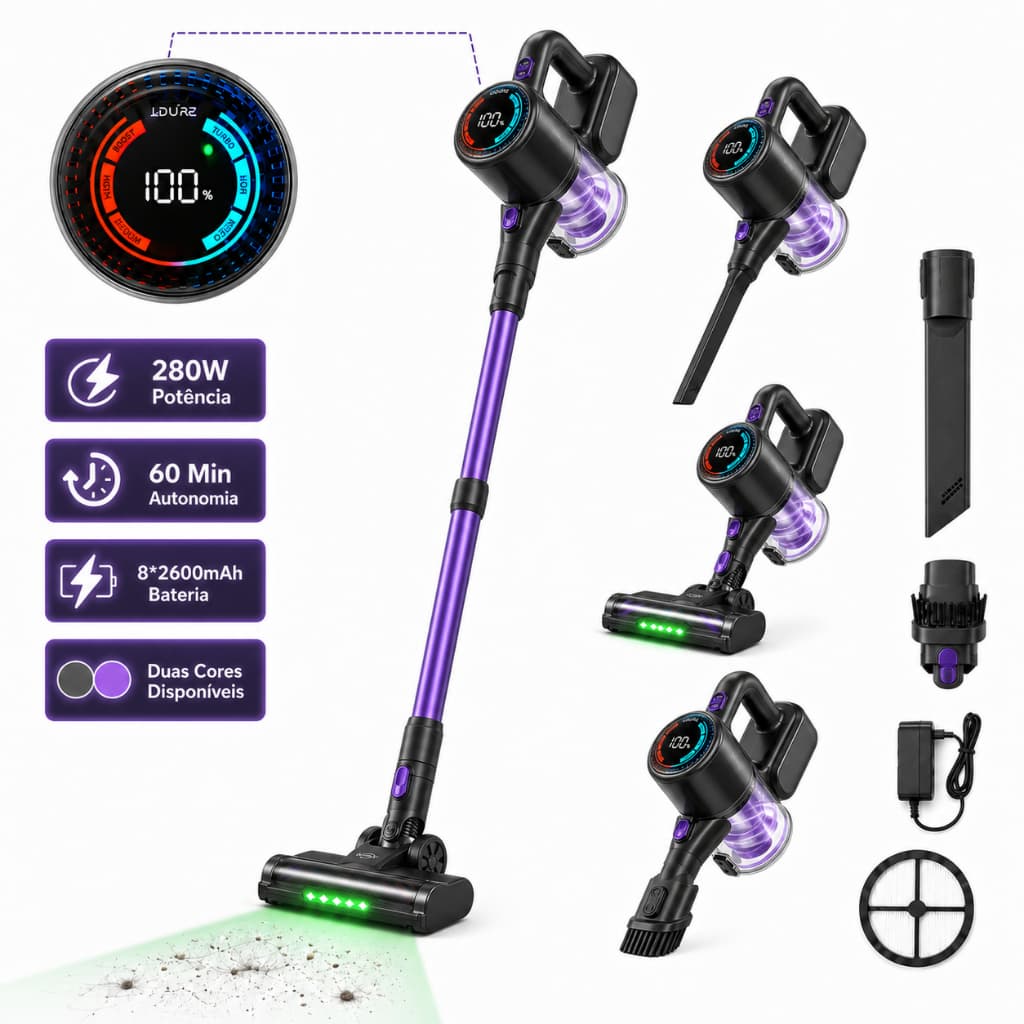 Aspirador de Pó WITPIXY U8 Sem Fio Vertical 3 em 1, Filtro HEPA Recarregável, Limpeza para Pisos, Sofás, Estofados e Int
