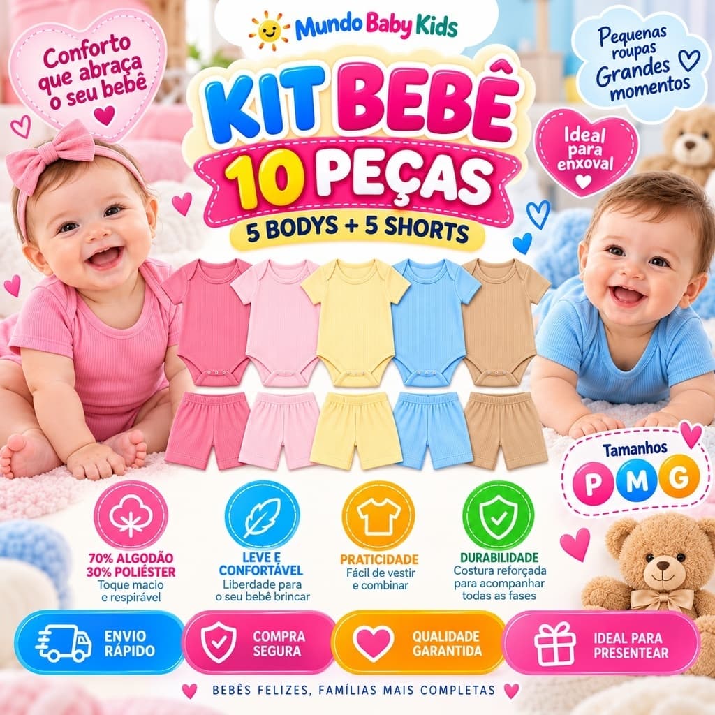 Kit 10 Peças Bebê Body Manga Curta + Shorts Verão Calor Enxoval Menina Menino P M G