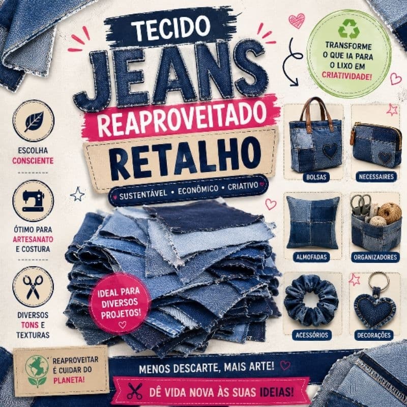 ♻️👖Retalhos de Tecido Jeans Reaproveitado para Artesanato Costura Patchwork Customização/ jeans