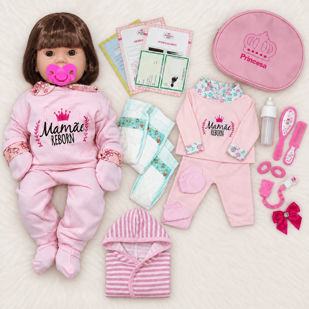 Kit Boneca Bebê Reborn 45cm Corpo Inteiro em Vinil com Bolsa Fraldas Mamadeira Chupeta e Enxoval