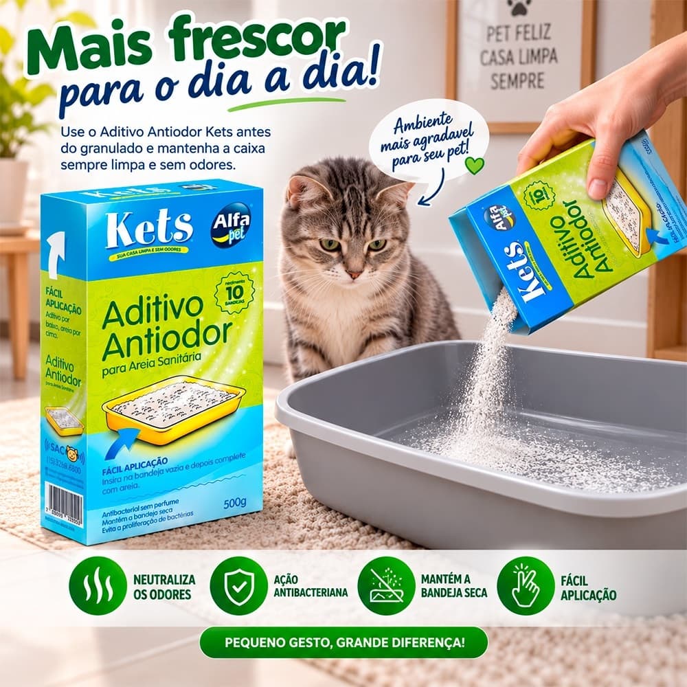 Aditivo Antiodor Kets Para Areia Sanitária 500g Antibacteriano Neutraliza Odores Fácil Aplicação Rende 10 Bandejas