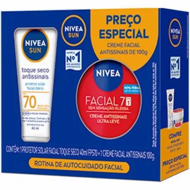 Kit Nivea Sun Rotina de Autocuidado Facial Protetor Solar FPS70 40ml + Creme Antissinais 100g