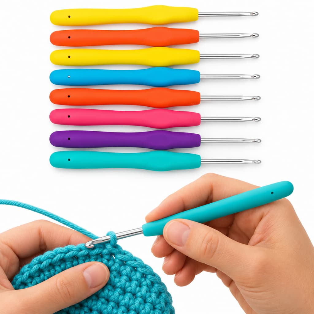 **Kit 8 Agulhas de Crochê Profissional Cabo Soft Ergonômico Ponta de Alumínio para Barbante Fios Artesanato**