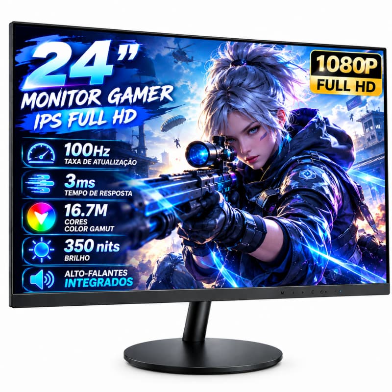Monitor Gamer 24" 100Hz Full HD IPS, Adaptive Sync, Alto-falantes Integrados, HDMI + DP