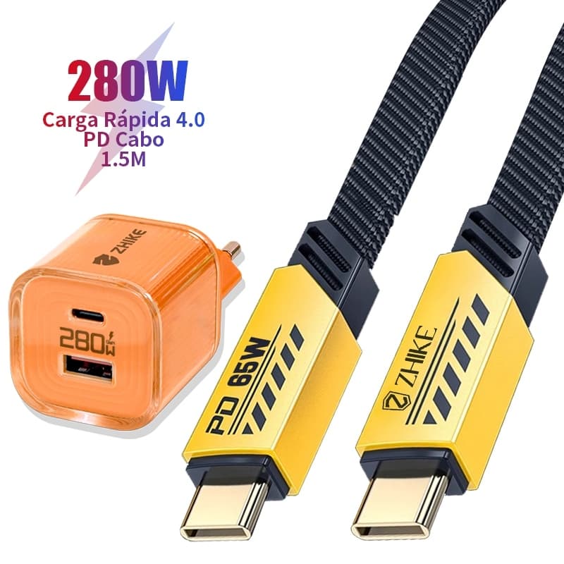 Kit Carregador Tipo C Cabo ZHIKE Rápido Fonte GaN PD 1.5M Nylon Trançado 2 Portas 480 Mbps Para Celular