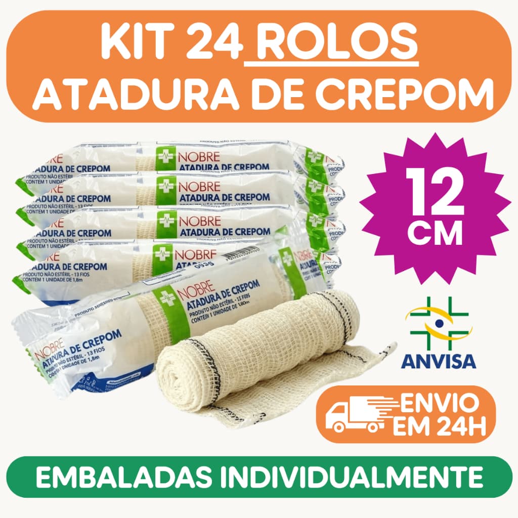 24x Atadura de Crepom faixa para curativo de crepe 12cm bandagem de algodão kit 24x faixa elástica