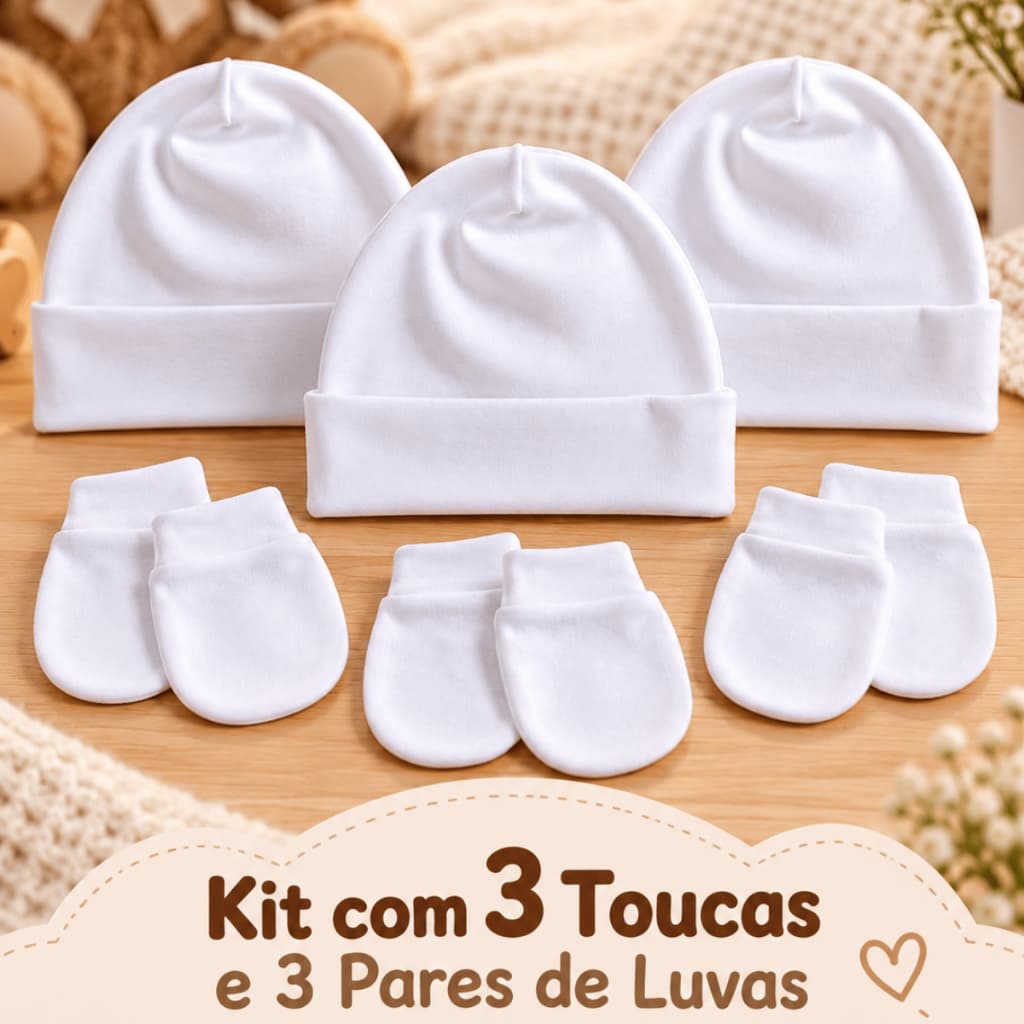 Kit 3 Toucas e 3 Pares de Luvas para Bebe Recém-Nascido para Maternidade e Enxoval Algodão Premium