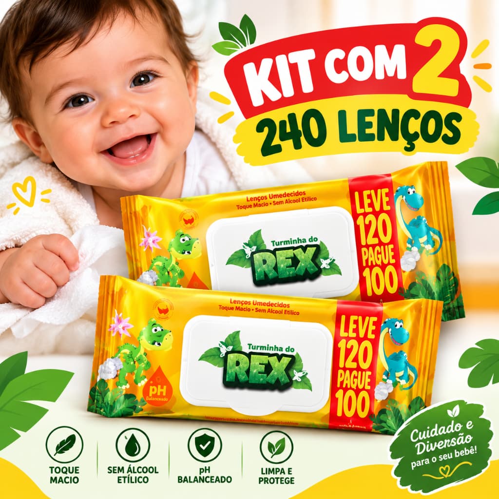 Toalhas Umedecidas Infantil Turminha do Rex Leve 120 Pague 100 Unidades Suavidade e Cuidado para o seu Bebê