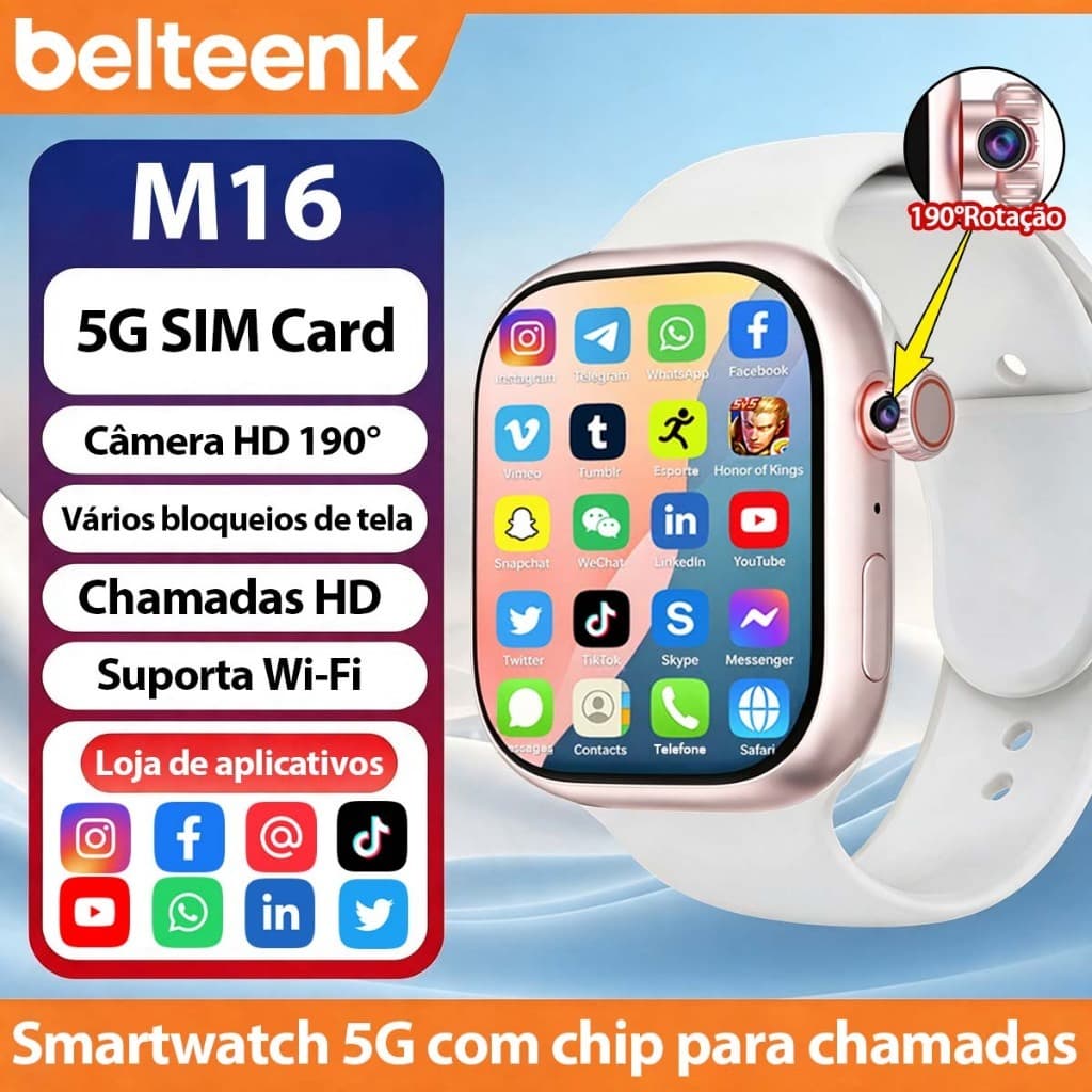 Belteenk Relógio Inteligente 5G com Chip | Smartwatch Dual Sistema (Chip + Bluetooth) 2.02‘’AMOLED tela Câmera HD 190°