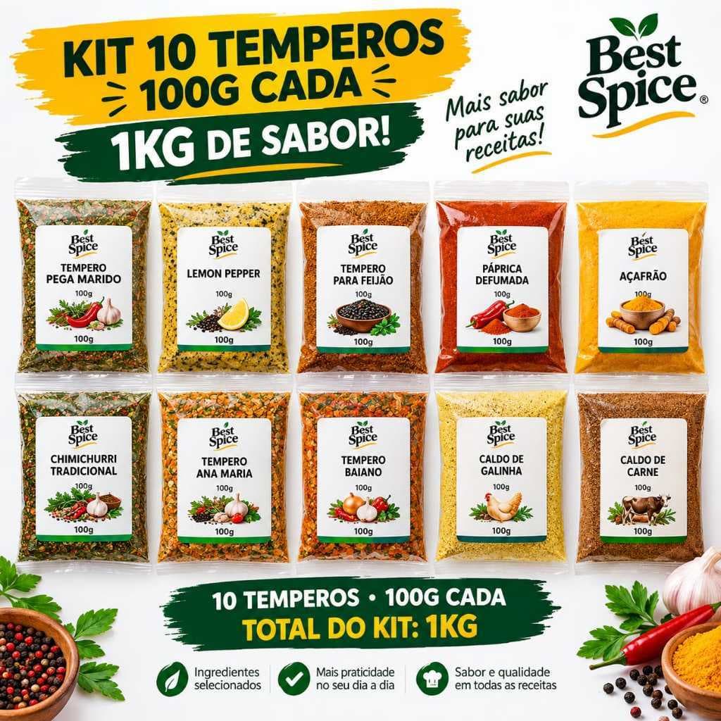 Kit 10 Temperos 100g Cada 1kg – Pega Marido, Lemon Pepper, Páprica, Chimichurri e Mais