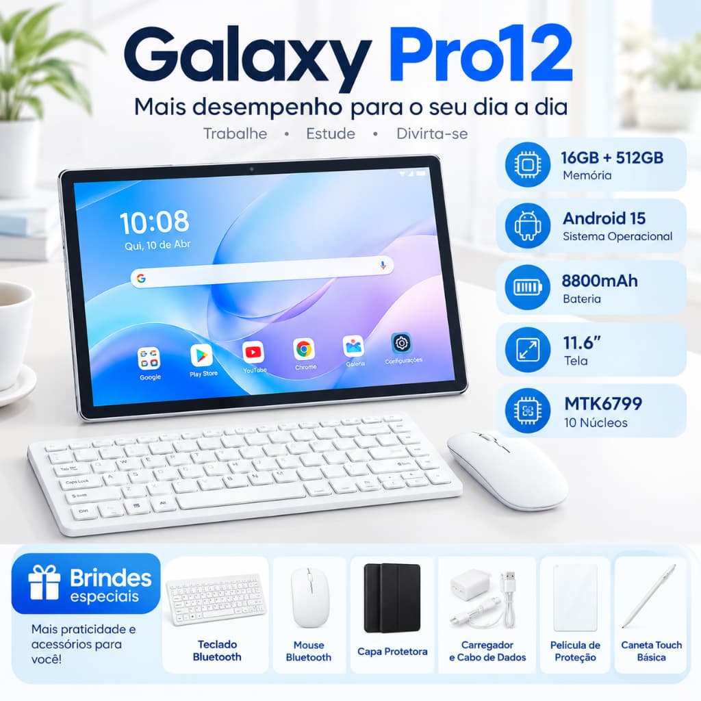 Tablet Galaxy PRO12 16GB+512 GB HD 11.6inch Polegadas Tela Grande PC Android Dual SIM Card WIFI Online 5G