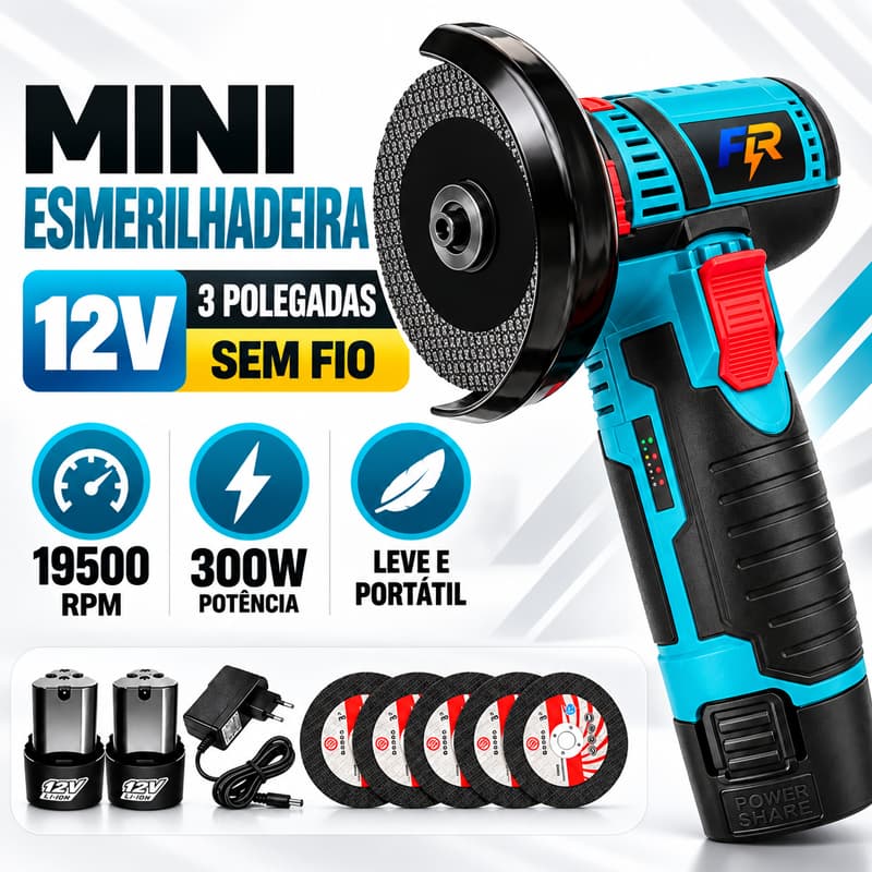 Mini Esmerilhadeira 3 Polegadas 12V Sem Fio 2 Baterias 5 Discos para Corte Lixamento e Polimento