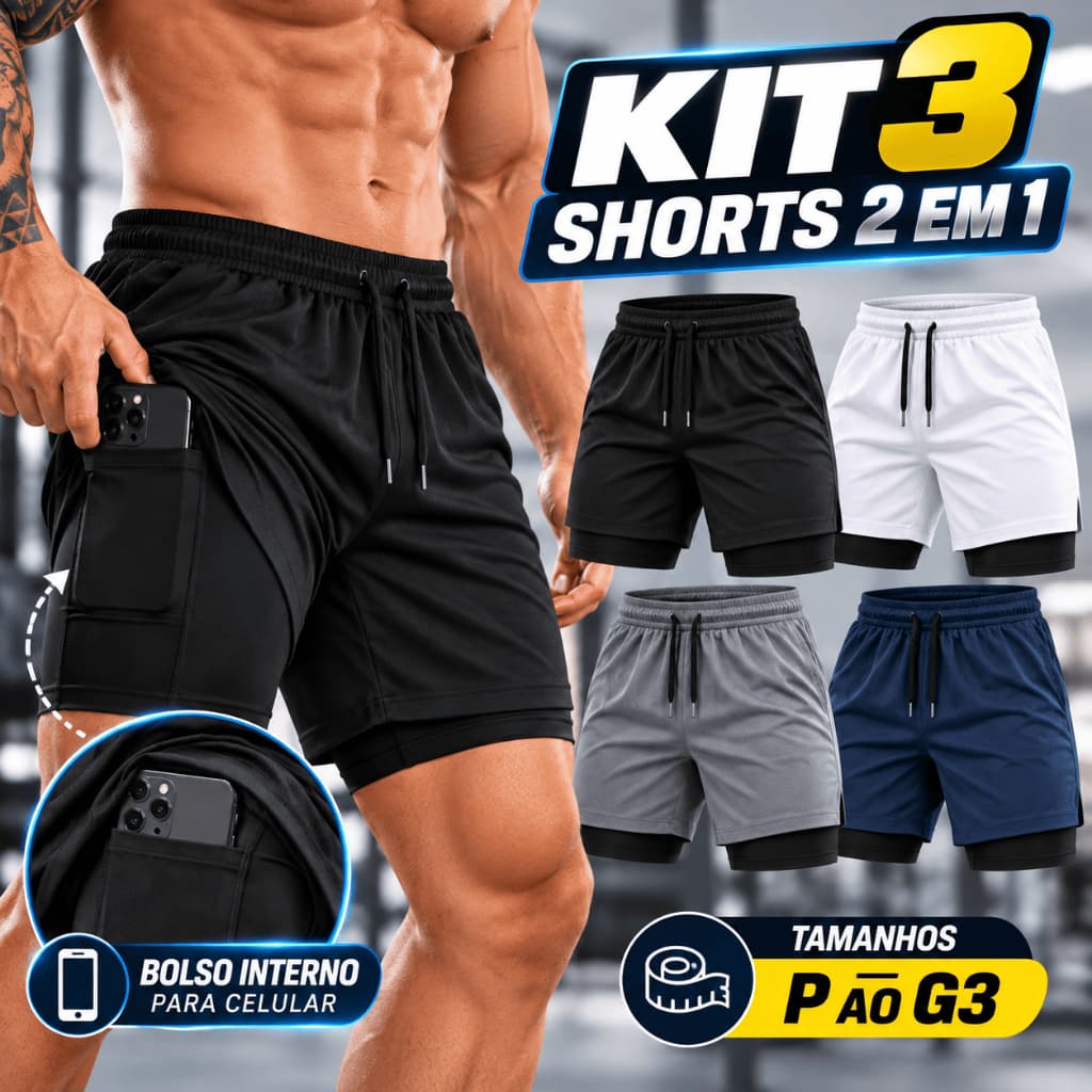 Kit 3 Shorts 2 em 1 Masculino Dry Fit com Bolso Interno Academia Corrida Treino P Ao G3 Plus Size Musculação Fitness