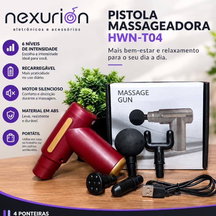 Pistola Massageadora HWN-T04 Massage Gun Portátil Recarregável com 4 Ponteiras para Massagem Muscular