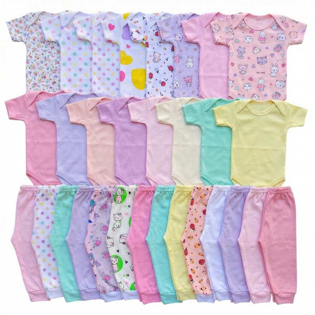 Kit Enxoval De Bebê Com 6 Peças Em Algodão Com Body Manga Curta E Mijão Liso E Estampado