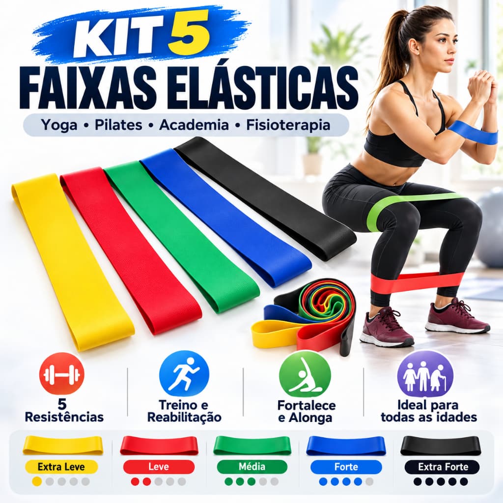 Kit 5 Faixa Elástica para Treino Yoga Pilates Treino Academia Musculação de 5 Resistência Band