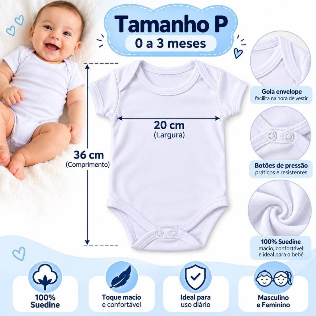 Kit 4 Bodys Bebê 100% Suedine Branco Masculino Feminino Manga Curta P 0 a 3 Meses Enxoval Infantil