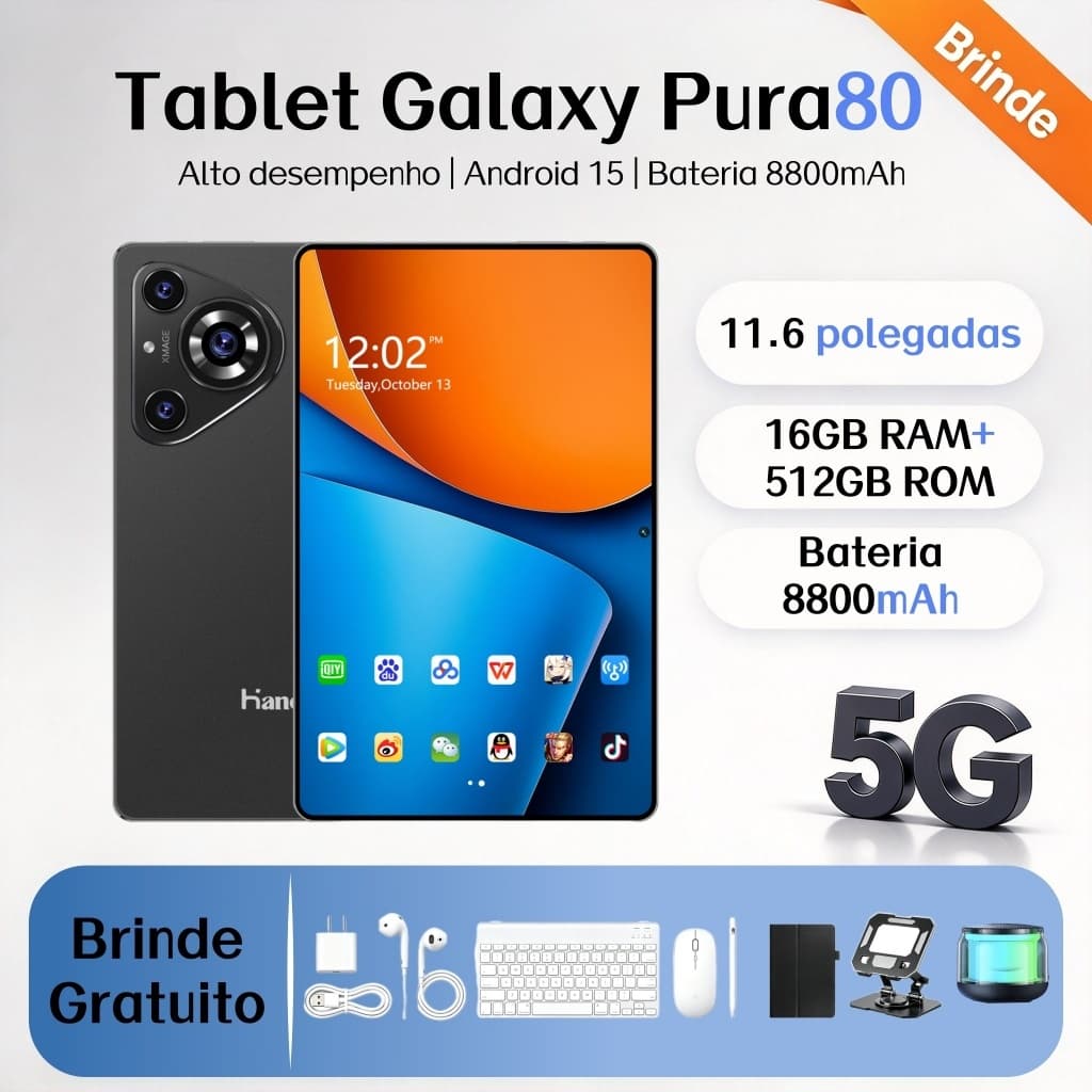 【Teclado e mouse gratuitos】Tablet Galaxy Pura80 11,6 polegadas, 16 GB + 512 GB, 8.800 mAh, 5G, Android, Bluetooth, Wi-F