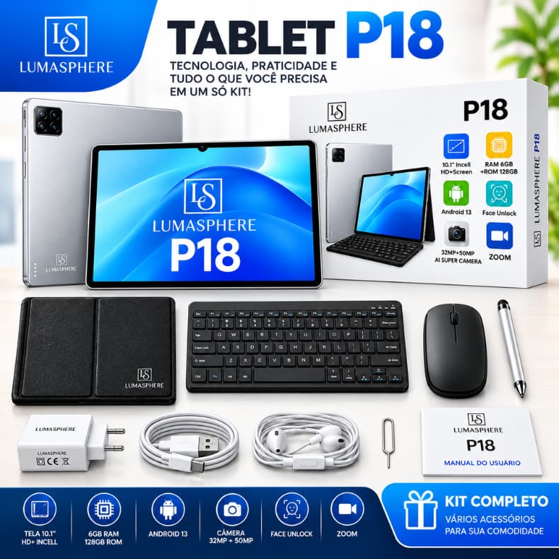 Tablet P18 Lumasphere 10,1" 6GB RAM 128GB Android 13 + Teclado Mouse Capa Kit Completo