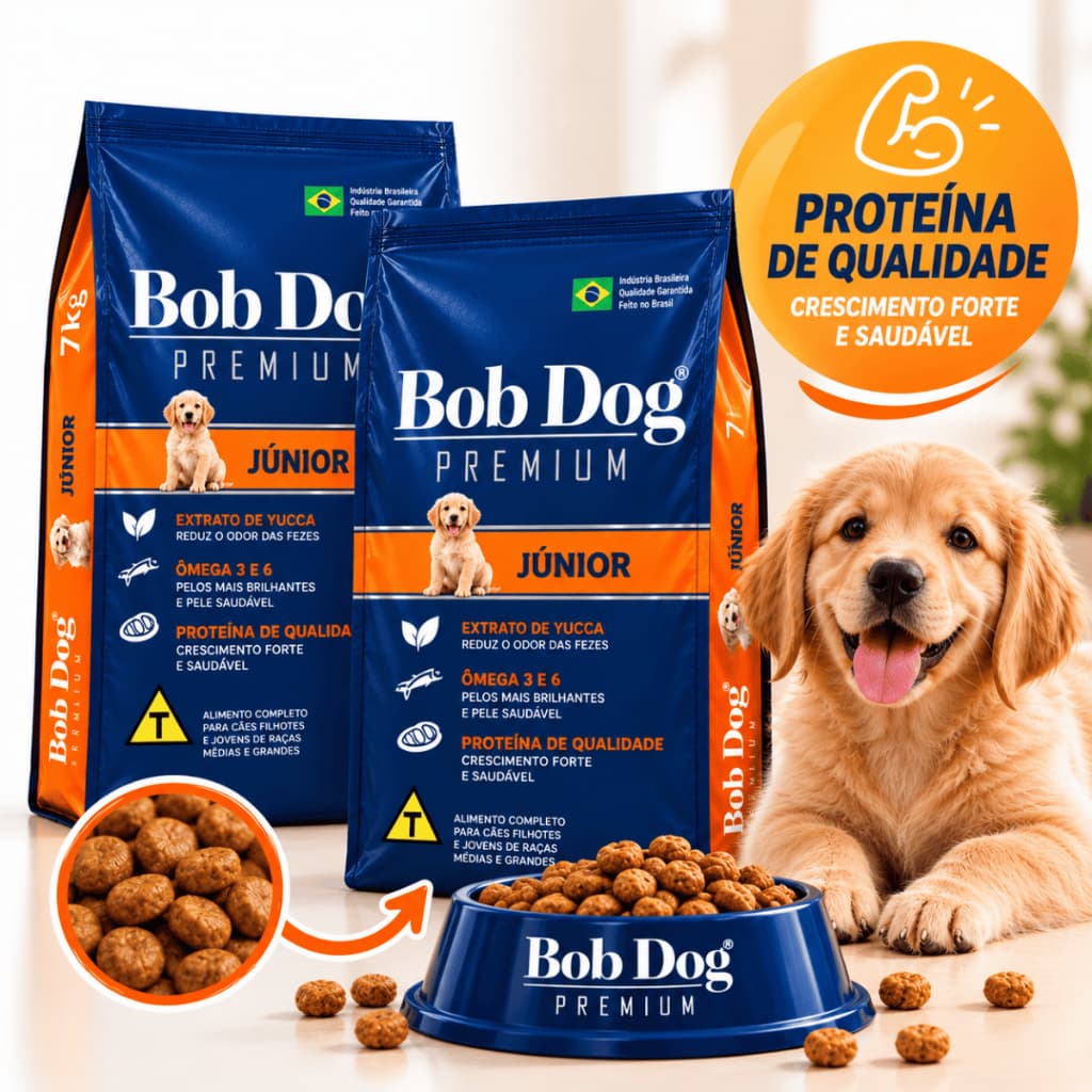 Kit Ração Premium Cachorro Filhote Bob Dog Júnior c/ Ômega 3 e 6 Extrato de Yucca 7kg 15kg Promoção!