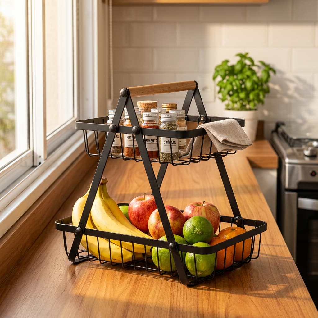 Fruteira De Mesa 2 Andares Metal Preto Alça Madeira Cesto Organizador Multiuso Frutas Legumes