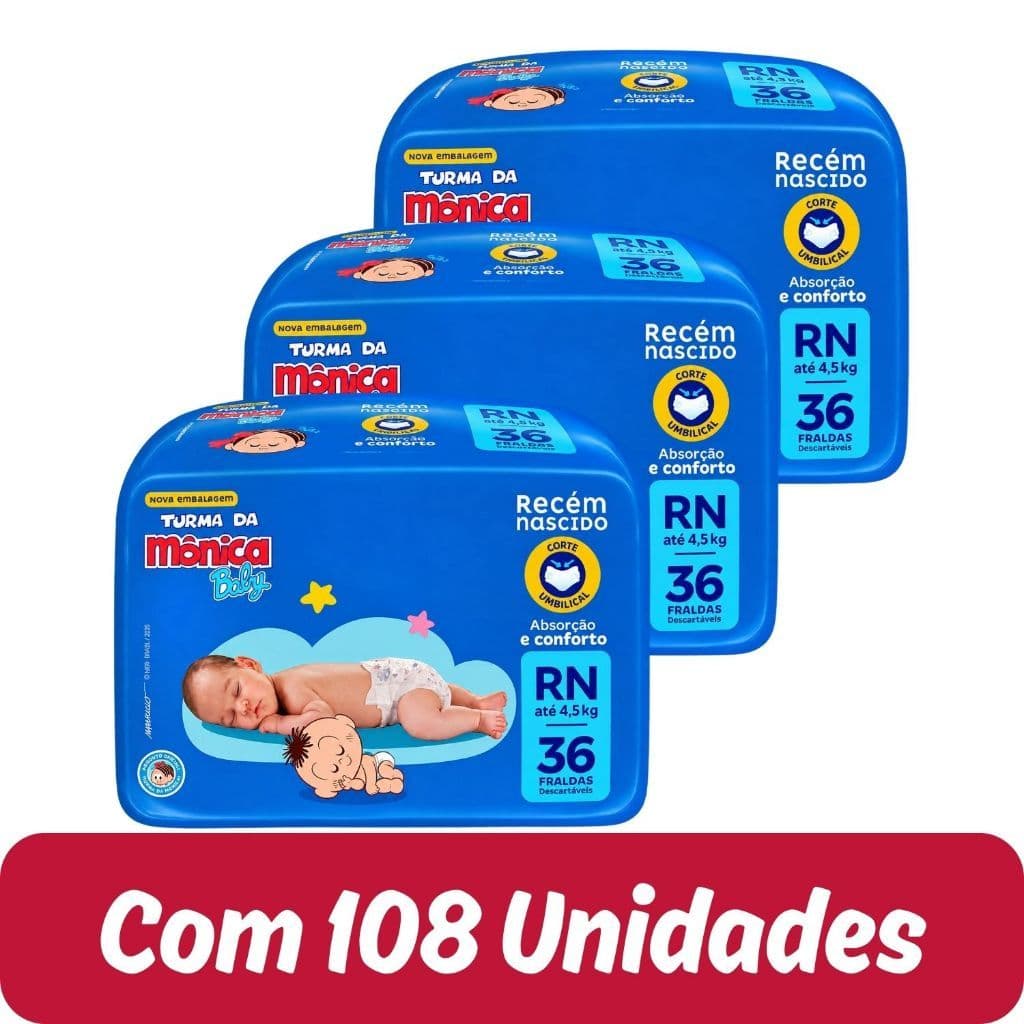 Fralda Descartável Turma da Mônica Jumbo Tamanho RN - 3 Pacotes com 36 Fraldas - Total 108 Tiras