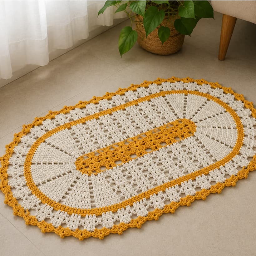 Tapete de Crochê Oval 73x43cm Artesanal Barbante 85% Algodão para Sala Cozinha Quarto