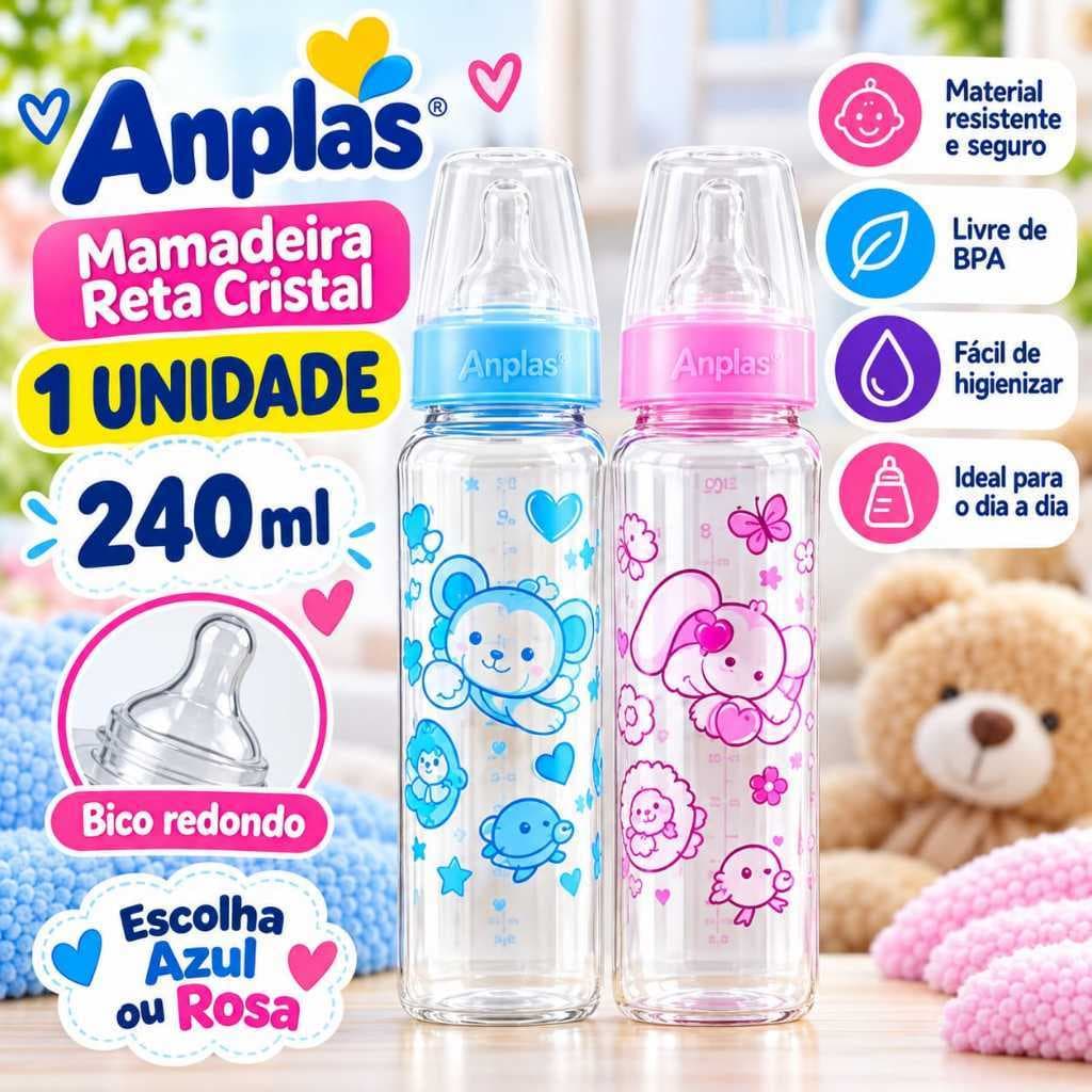 Mamadeira Bebê Anplas Reta Cristal 240ml Bico Redondo Azul Rosa Unidade ou Kit com 2