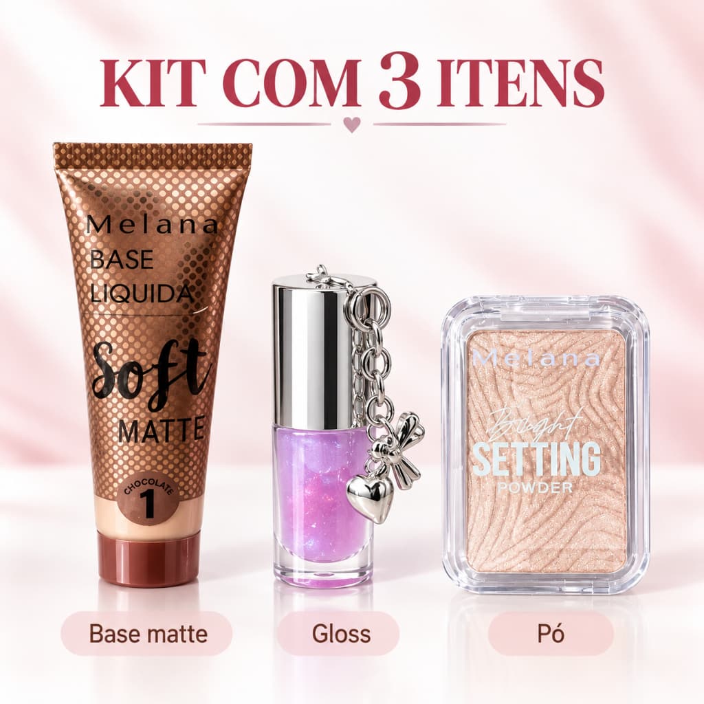 Kit Maquiagem 3 Itens Base Líquida Matte + Gloss Labial + iluminador