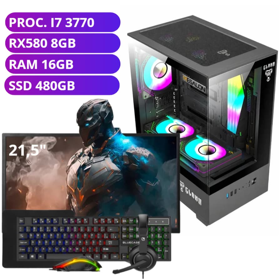 Computador Gamer i7 3° Geração 16GB RAM SSD 480GB RX580 8GB Monitor 21,5" + Mouse Teclado Gamer com Headset