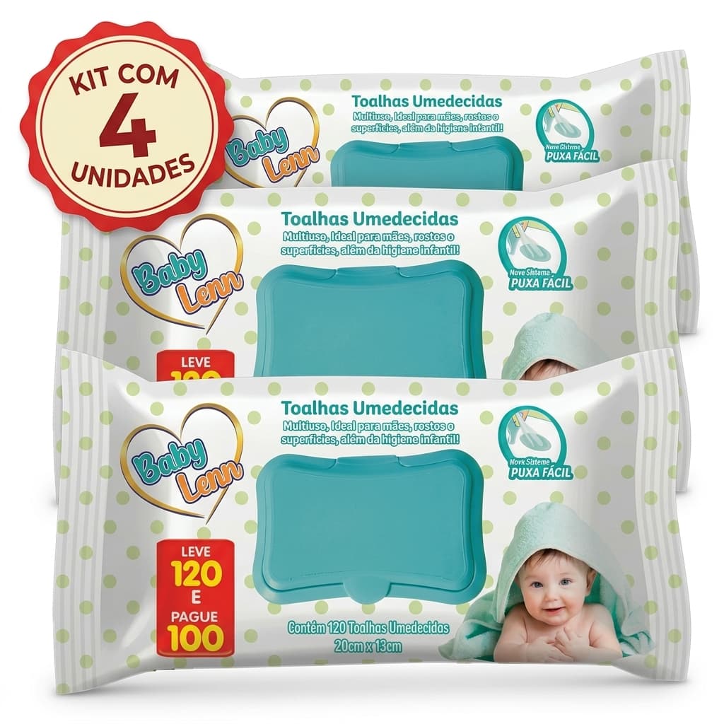 Kit 4 Toalhas Umedecidas Baby Lenn Total 480 Unidades Lencos Infantil Sem Alcool