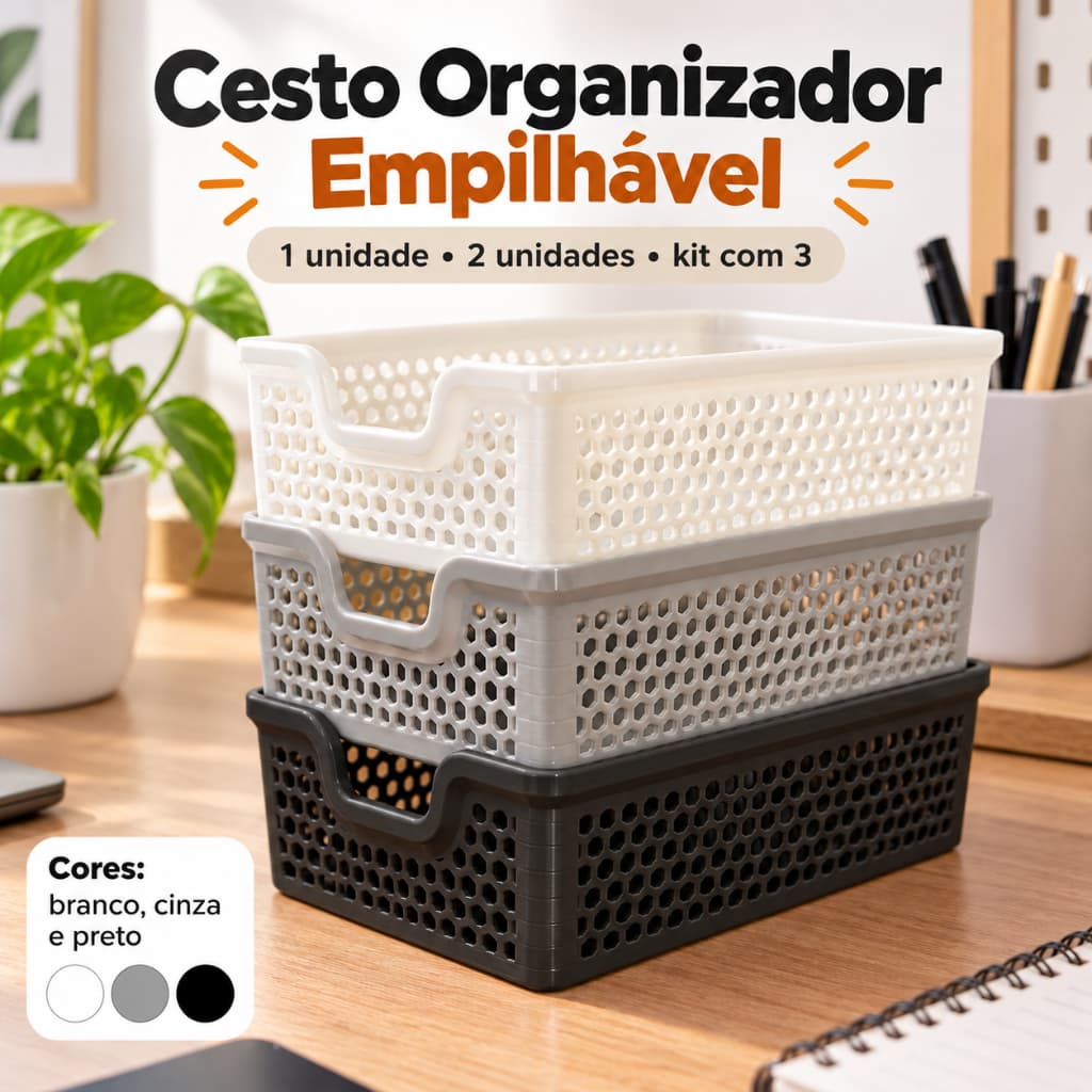 Cesto Organizador Empilhável Multiuso | Caixa Organizadora para Cozinha, Banheiro e Escritório | 1, 2 ou 3 Unidades