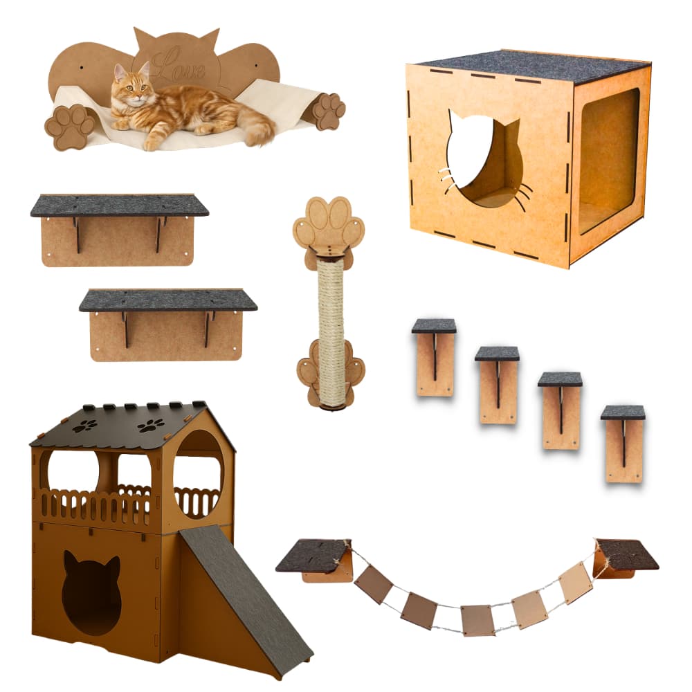 Playground De Parede Para Gatos em MDF Com Casinha Rampa Arranhador Degraus Nicho E Ponte