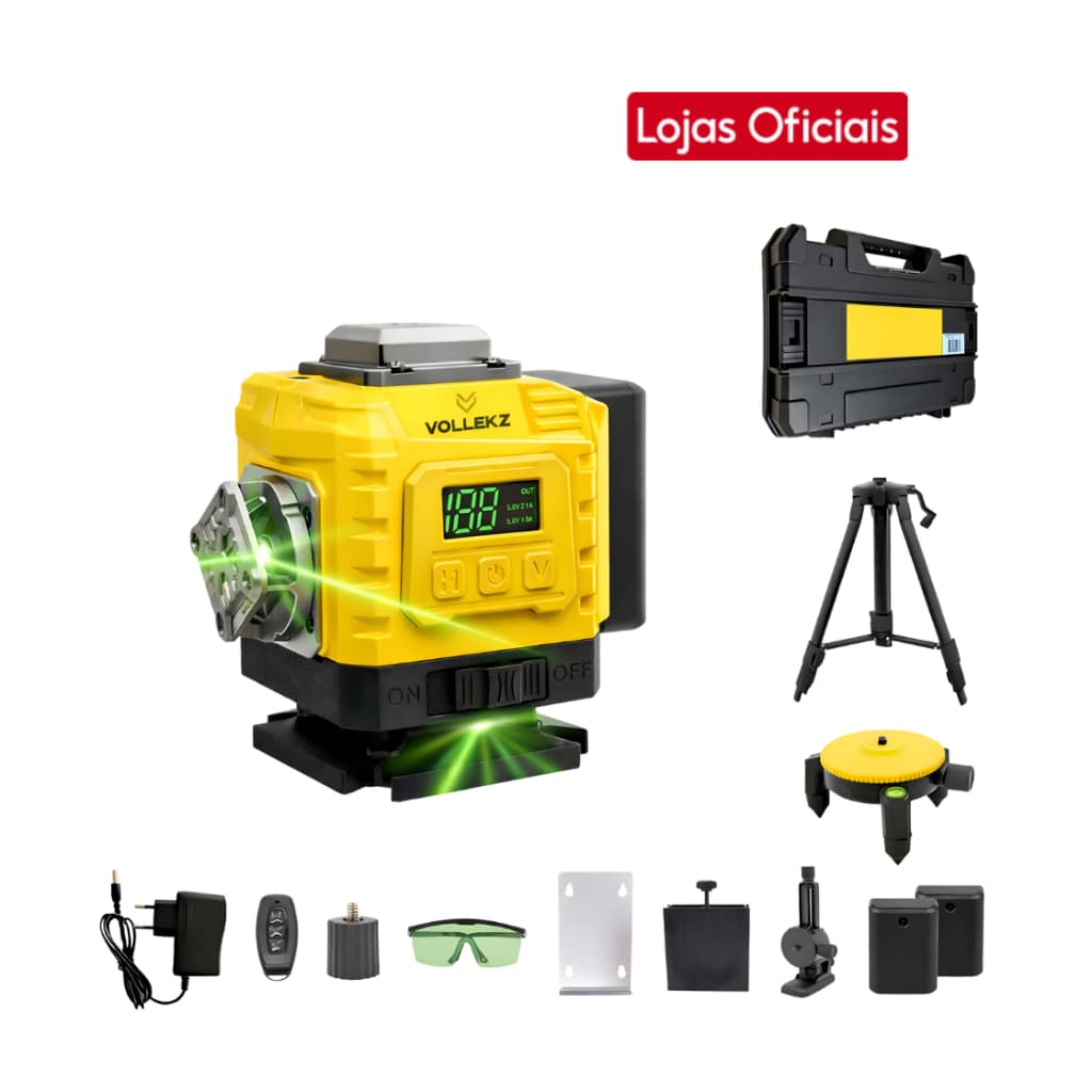 Kit Nível Laser Verde 12 Linhas 4D Vollekz Profissional Autonivelante Completo c/ Tripé e 2 Bateria