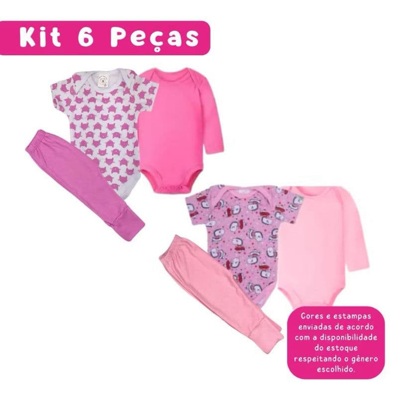 Kit 6 Peças bebê enxoval Body Manga Longa e Curta com Mijão Prematuro ao G Menina