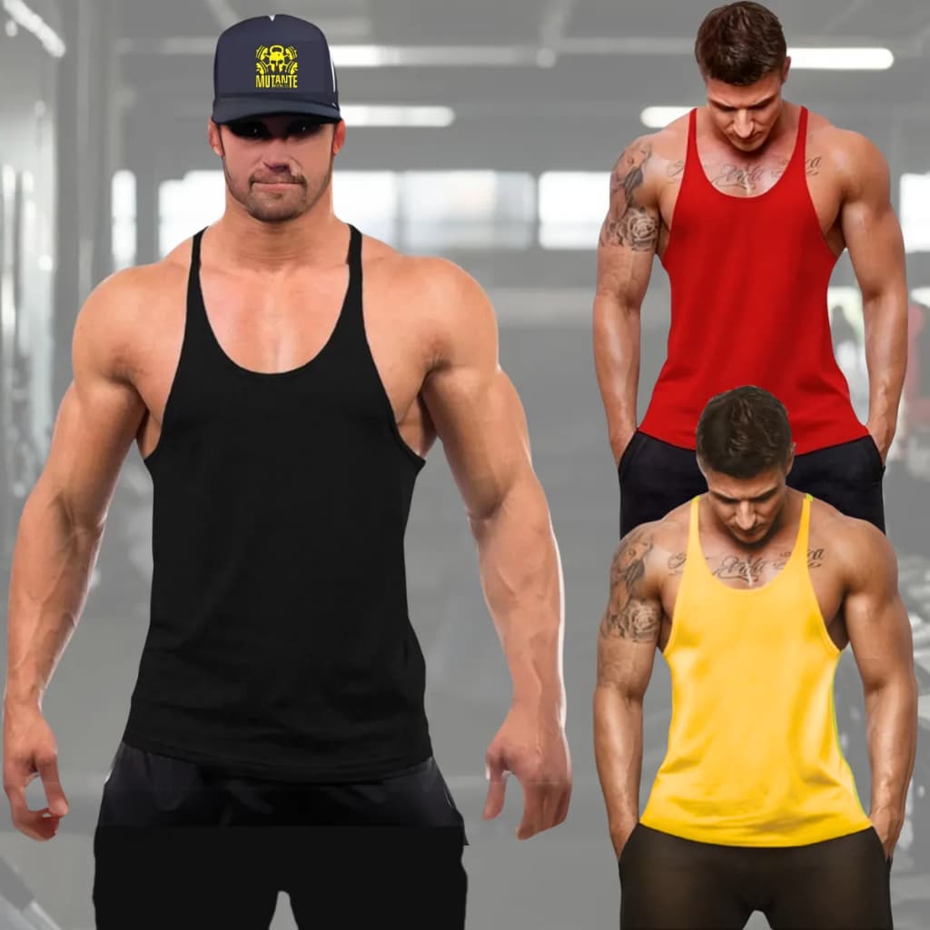 Kit 3 Regata Cavada De Academia Lisa Sem Estampa Para Treino Mutante Fitness Musculação