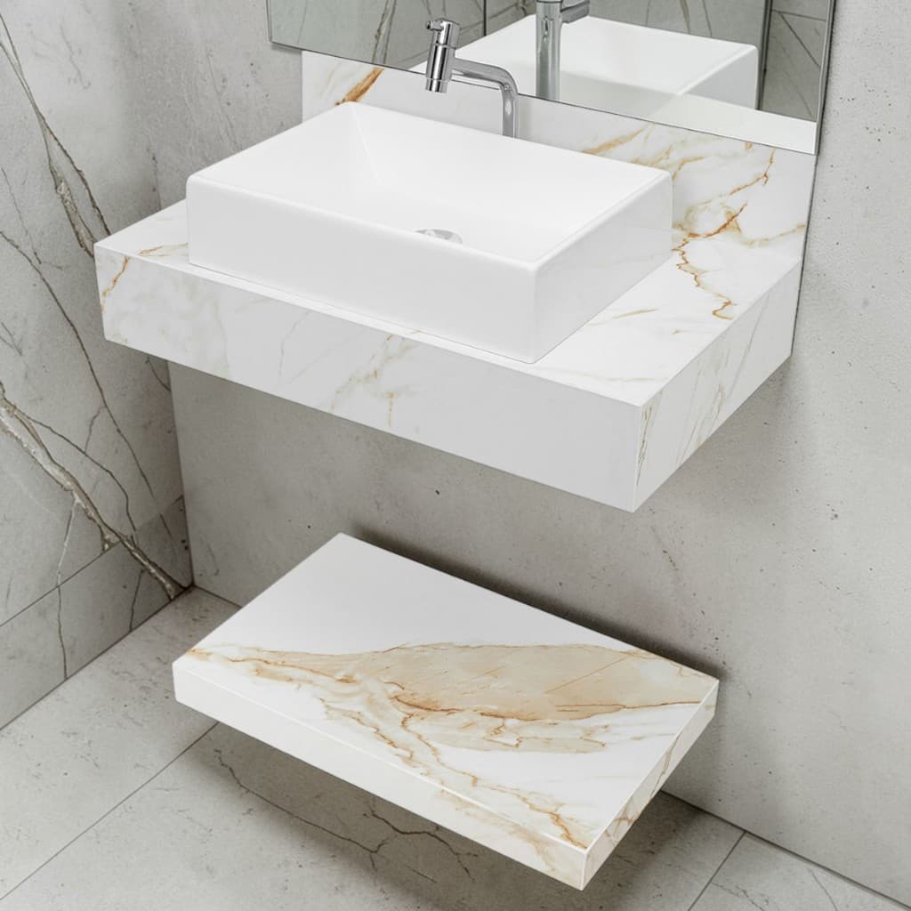 Kit Completo Bancada Cuba Sobreposta Com Torneira Banheiro Calacata Premium em Porcelanato Polido
