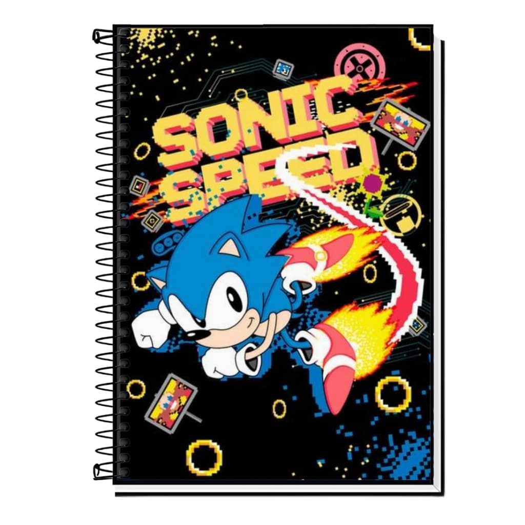 Caderno Gamer  Sonic | Classic/New  - O Ouriço Azul | Capa Dura & Espiral Resistente 1, 10, 15 e 20 Matérias
