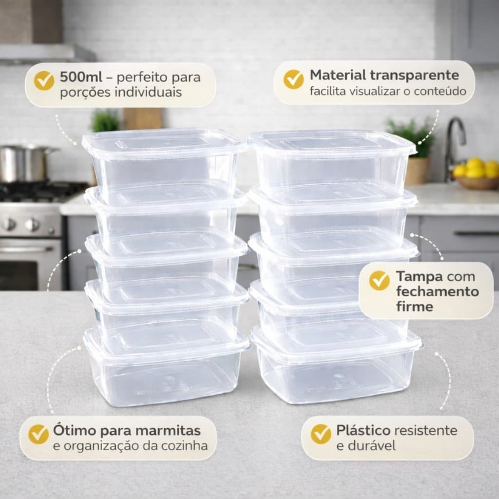 Conjunto 10 Potes 500ml Transparente Organizador Cozinha Empilhável Durável Multiuso