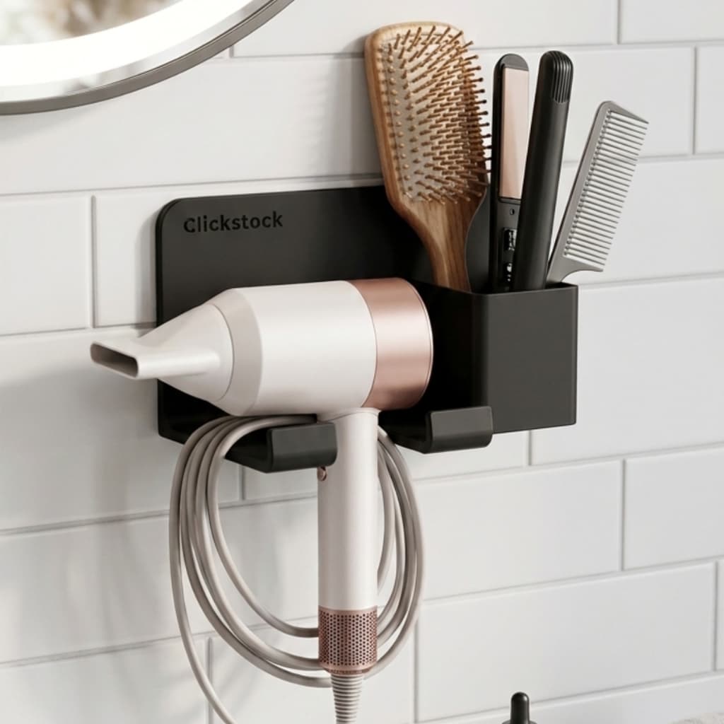 Suporte Parede Secador Cabelo Reforçado Premium Organizador Banheiro Adesivo Sem Furo Com Porta Objetos Clickstock