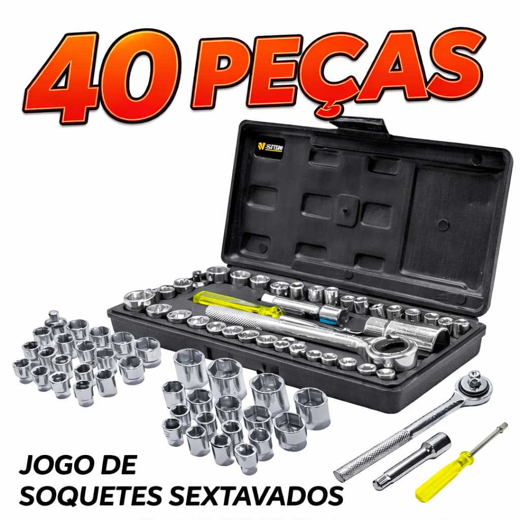 Jogo De Soquetes 40 Peças 1/4 e 3/8 Com Catraca Reversível Sextavado Com Maleta Fasterr